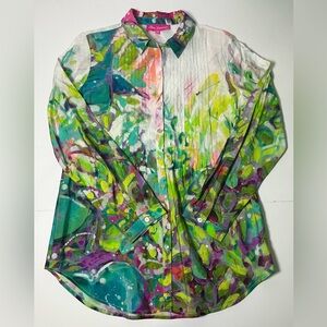 Claire Desjardins "Wearable Art" Abstract Watercolor Pintuck Tunic Blouse